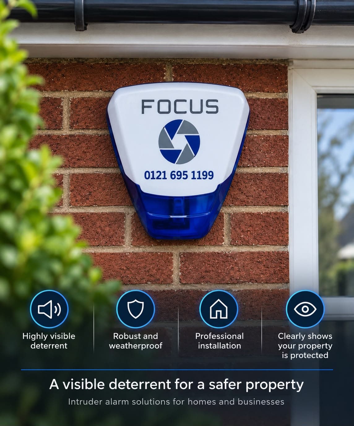 A Focus external sounder installed on a house wall, a visible deterrent linked to the alarm system