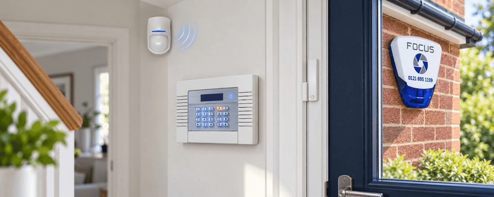 Wireless alarm keypad, motion detector and door contact in a hallway, with a Focus external sounder outside