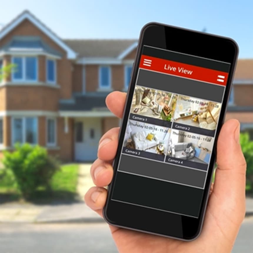 CCTV Focus app showing live camera footage on a mobile phone